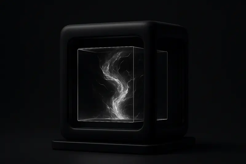 Glowing green plasma vortex swirling inside a transparent glass cube, floating above a black background with subtle circuit-like reflections.