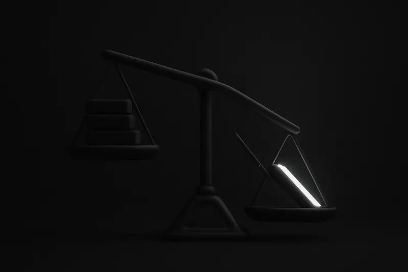 On a dark background, a futuristic balance scale tilts as one bright geometric block outweighs several dimmer blocks.