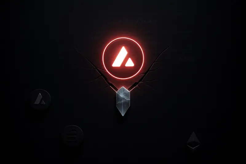 A glowing icy coin with swirling energy breaks through a thin glass barrier, shards floating over a black, neon-lit background.