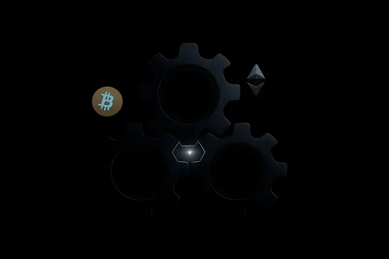 Three interlocking matte-black gears fuse into a single luminous core, with faint circuit lines radiating across a deep black background.