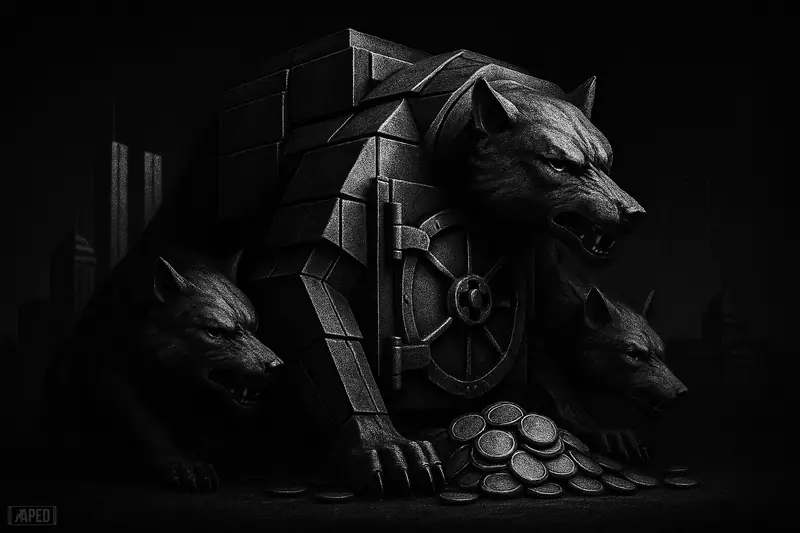 A looming vault creature absorbs two wolves as it expands over a growing crypto hoard before a dark European corporate skyline.