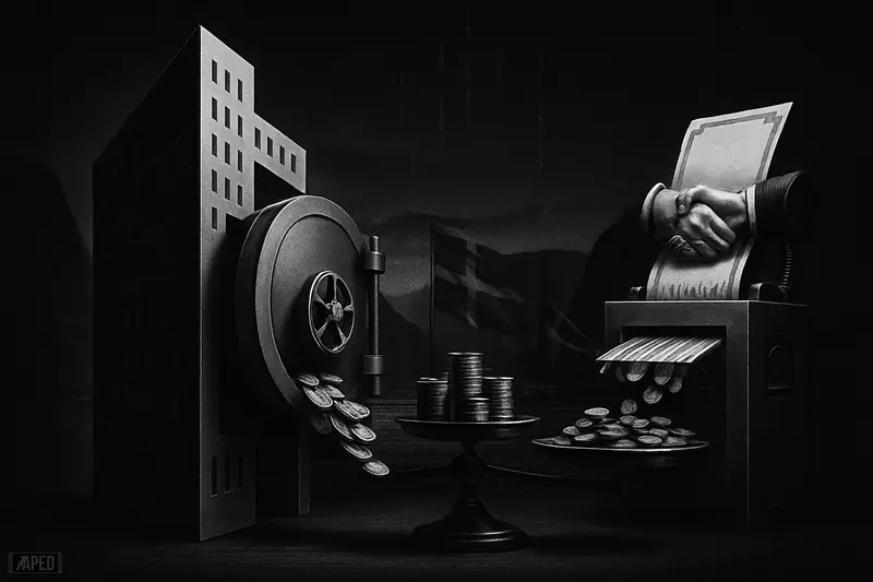 A dark corporate vault and balance scale convert blank stock papers into unmarked coin stacks, set against a Nordic fjord and faint data grid.