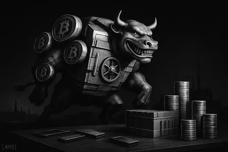 A hulking treasury creature absorbs two smaller orbiting entities inside a dark corporate crypto scene with vaults, coin stacks, and a faint European skyline.