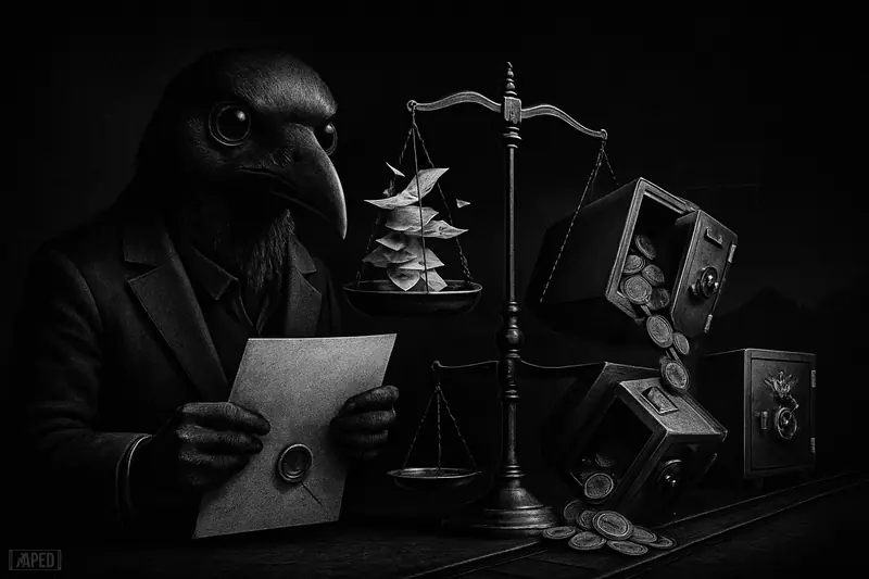 A suited metallic raven holds a sealed letter beside scales weighing share papers against a Bitcoin vault as safes merge in darkness.