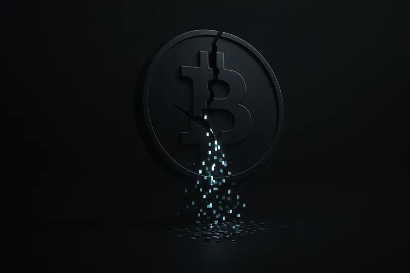 A fractured, metallic coin glowing faintly as neon pixel shards leak downward into a deep black, smoky background.
