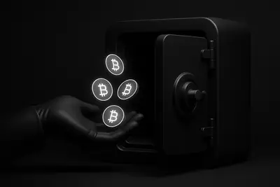 Black background with a gloved hand dropping glowing gold coins into a heavy steel vault with faint circuit patterns.