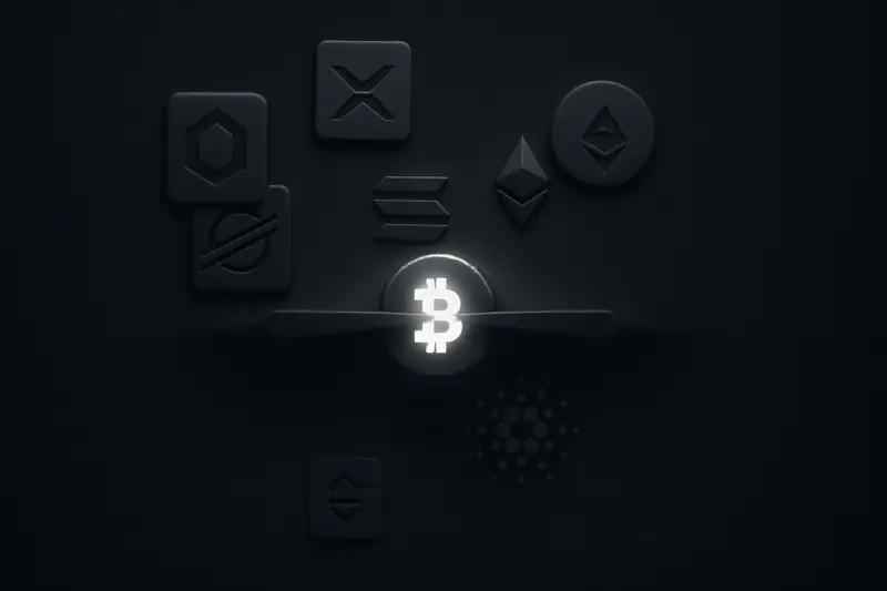 A glowing coin compressed in a dark metal vice, with fine sparks and faint grid lines on a black background