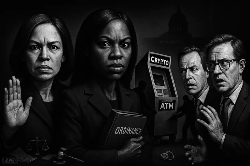 Four public figures face off around a crypto ATM as officials signal removal under harsh, monochrome cinematic lighting.