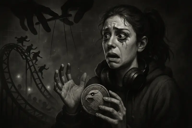 Caricature of Hailey Welch recoiling from a cracked hawk-themed token as a price-chart rollercoaster crashes behind her in a dark crypto storm.