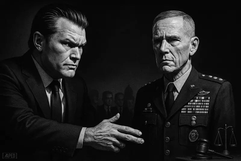 Pete Hegseth confronts Gen. Randy George in a tense monochrome Pentagon scene, with shadowy officials and symbols of political power behind them.