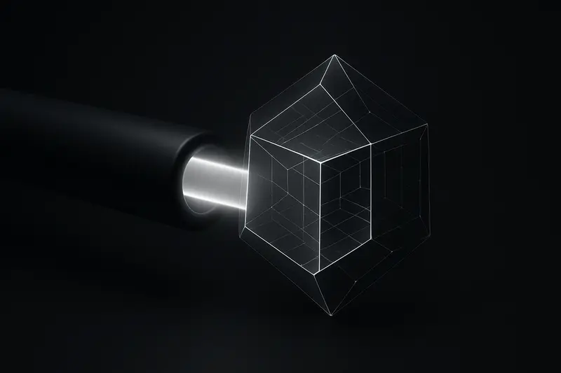 Dark cover with a metallic clearinghouse grid feeding a neon-blue pipeline into a crystalline prism, sparks drifting in black space.