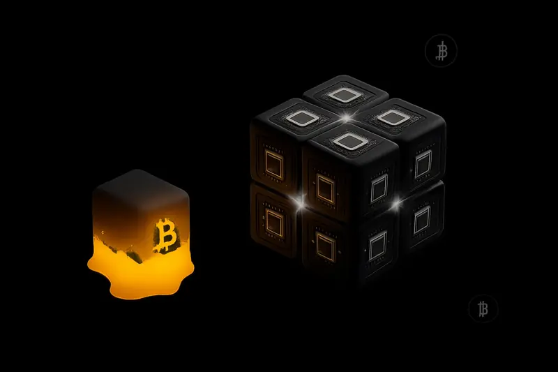 On a black background, a faceted metallic cube liquefies into neon traces that form a luminous stacked GPU-grid structure.