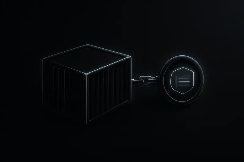 Neon-outlined shipping container linked by luminous chains to a floating holographic ledger stamp on a dark background.