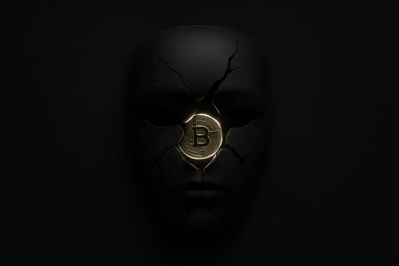 Cracked black obsidian mask floating on a dark background, revealing a bright golden coin-like core with faint data lines.
