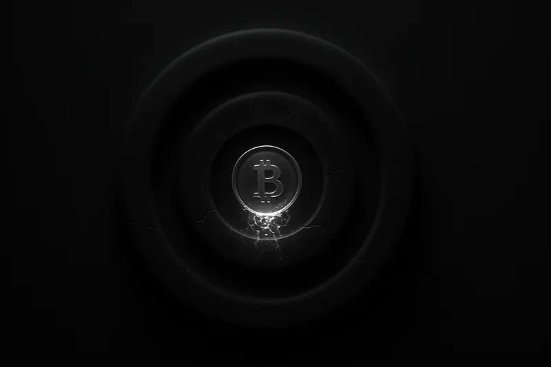 On a black background, a luminous coin breaks apart while falling through three concentric cracked glass rings, scattering bright fragments.