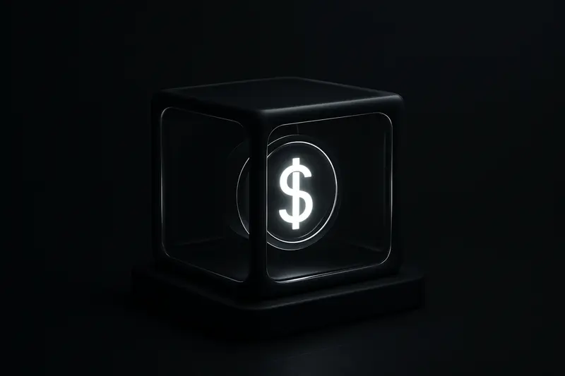 A luminous metallic coin encased in a transparent glass cube vault, surrounded by dark circuitry and subtle security grid lines.