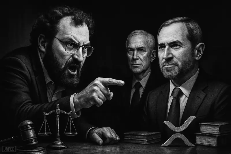 Charles Hoskinson confronts Brad Garlinghouse and Chris Larsen across a dark hearing-room table with legal symbols in a moody grayscale scene.
