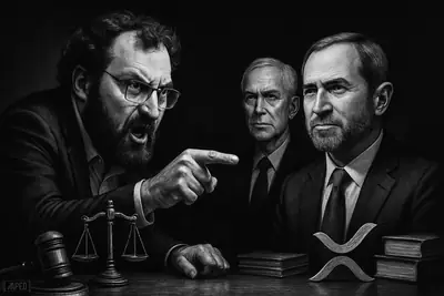 Charles Hoskinson confronts Brad Garlinghouse and Chris Larsen across a dark hearing-room table with legal symbols in a moody grayscale scene.