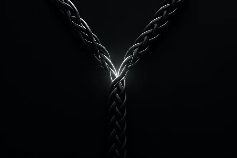 Two luminous blue chains split from a single link, then merge into a thicker strand against a dark, star-speckled background.