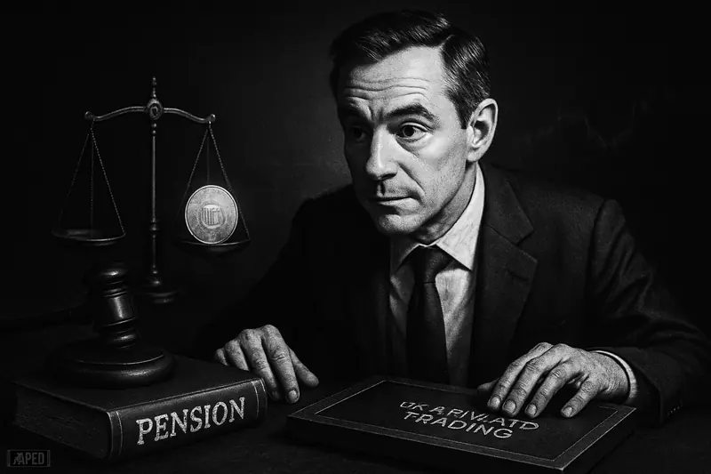 Sam Sicilia caricature in a dark finance setting, weighing a crypto coin on scales beside a ledger, gavel, and faint data grid.