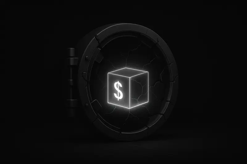A dark chrome vault ring surrounds a glowing digital dollar-shaped cube, with hairline cracks and faint circuit-like reflections.