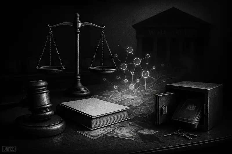 An empty congressional hearing desk with oversized gavel and scales, tokenized securities morphing into an onchain network, and a bearish shadow.
