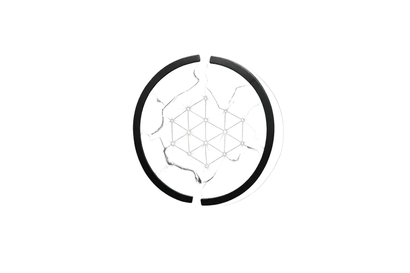 A tarnished cracked coin bound by a glowing geometric blockchain grid, with subtle yield-like light trails on a black background.
