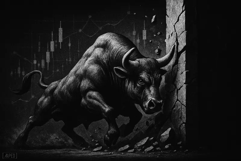 A muscular grayscale bull charges into a jagged resistance wall amid dark chart-like market elements and a faint data grid.