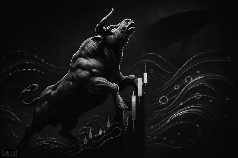 A grayscale bull-like trading beast climbs a steep market ridge beneath dark data-grid skies and swirling volume waves.