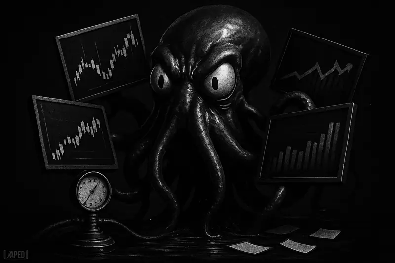 A liquid-metal kraken clutches trading screens with rising charts, beside leverage gauges, on a near-black data-grid background.