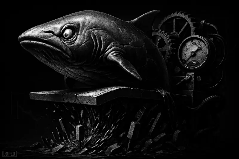 A metallic whale balances on a breaking platform above a liquidation abyss, surrounded by collapsing trading machinery in stark grayscale.