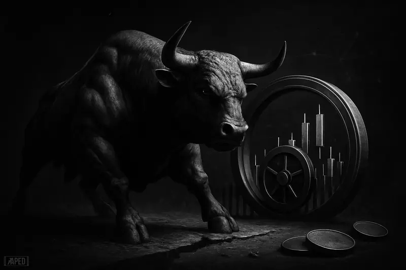 A muscular caricature bull strains at a circular vault ring behind candlestick-like barriers, on cracked support ground over a dark data grid.