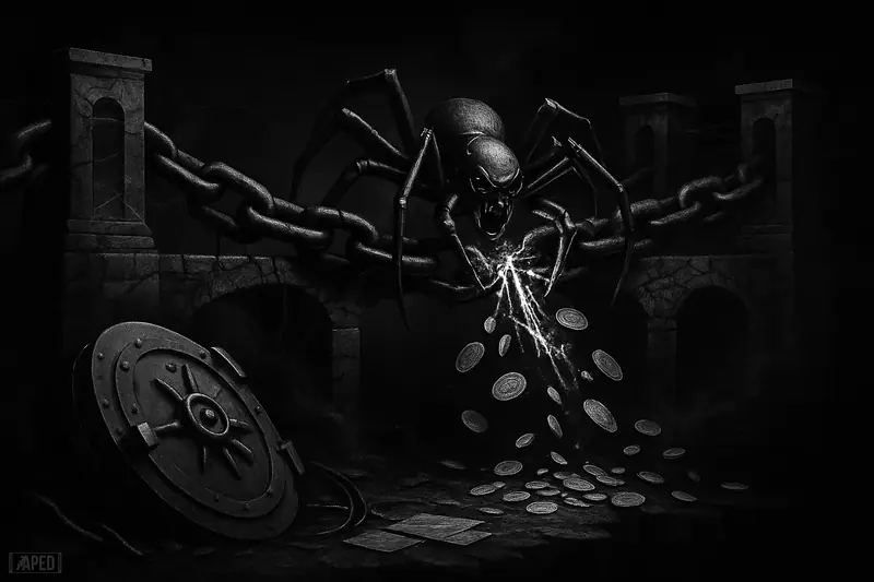 A broken mechanical bridge over a dark void is attacked by a spider-like machine, with shattered chain gateways and scattered assets.