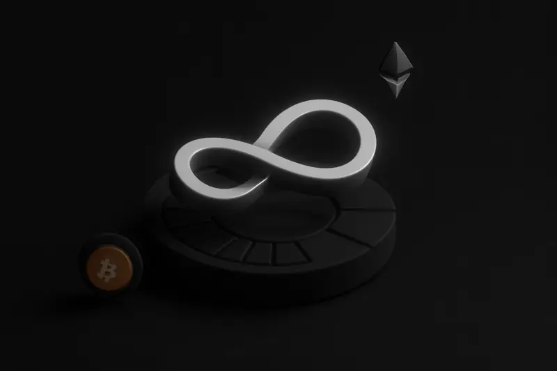 A neon infinity loop encircles a circular gauge of segmented bars, glowing teal and white on a black background.
