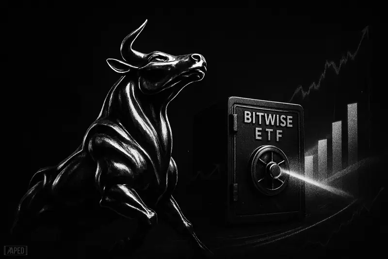 A metallic beast surges upward beside a vault-like machine amid dark market geometry, suggesting a bullish crypto breakout in grayscale.