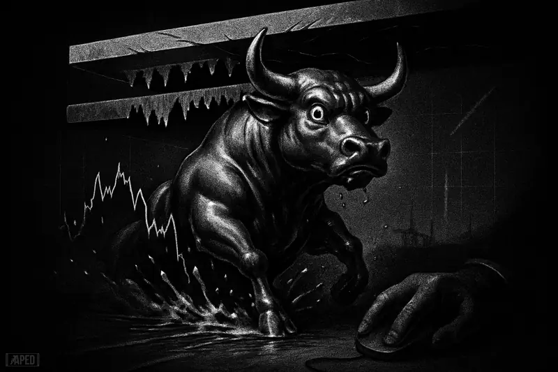 A liquid-metal bull surges upward into a cracked glass ceiling, with a flattened price chart and ominous geopolitical silhouettes on a dark grid.