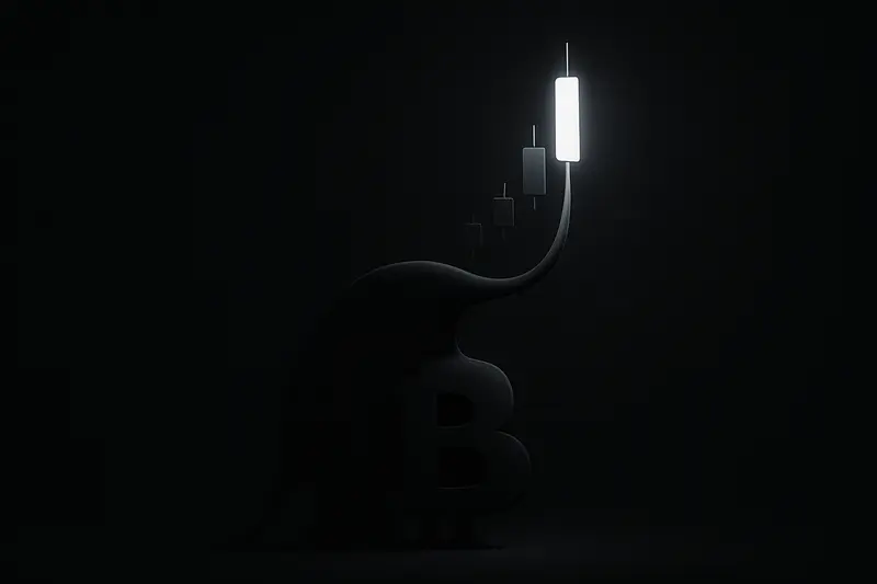 Dark oceanic backdrop with a massive shadowy leviathan silhouette beneath a glowing upward candlestick chart and scattered gold sparks.
