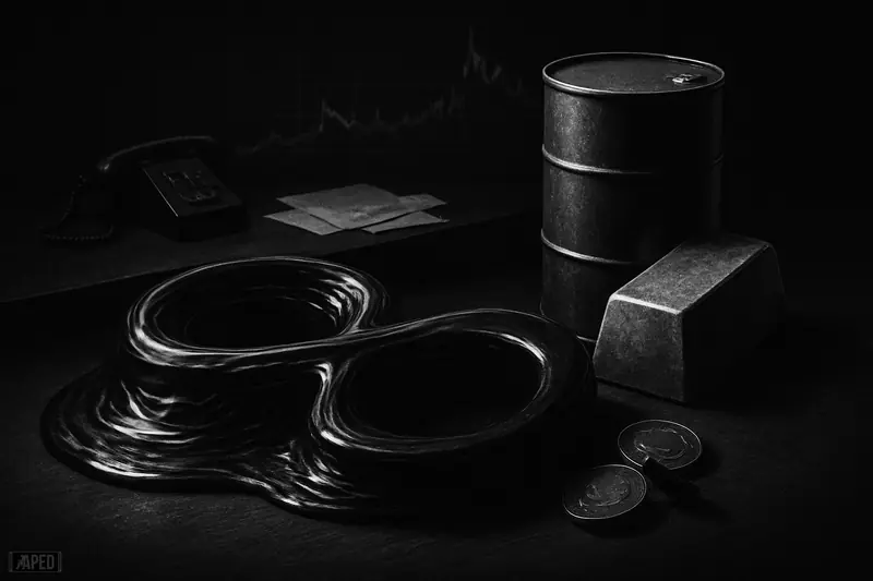 A dark trading terminal and newsroom desk as a huge oil barrel and silver bar push aside two small crypto tokens.