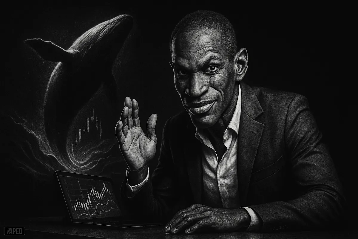 Arthur Hayes caricature at a trading desk as a giant whale erupts behind him through metallic waves in a dark market scene.