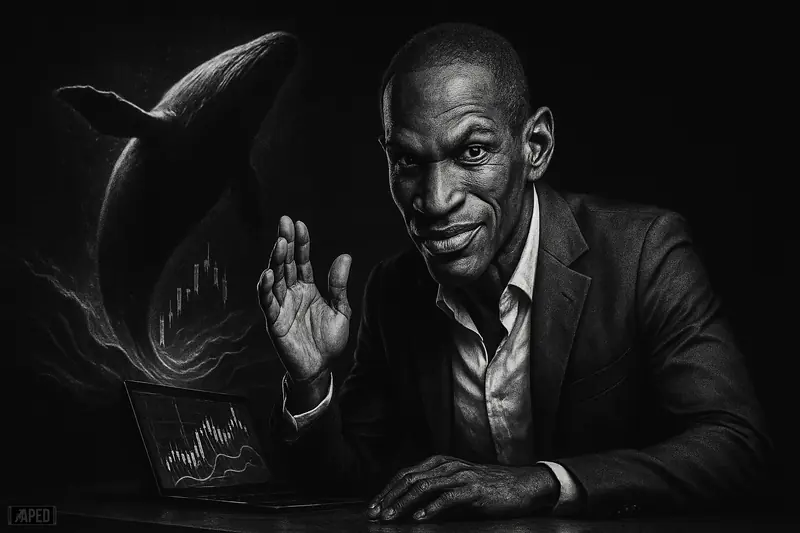 Arthur Hayes caricature at a trading desk as a giant whale erupts behind him through metallic waves in a dark market scene.