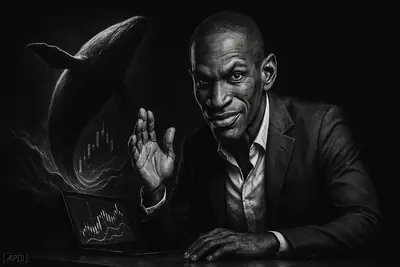 Arthur Hayes caricature at a trading desk as a giant whale erupts behind him through metallic waves in a dark market scene.