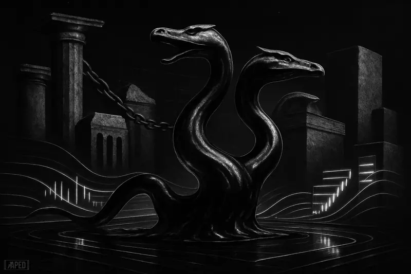 A black-and-white hydra-like trading beast towers over crumbling chain monuments in a dark data-grid environment, evoking Hyperliquid surpassing legacy networks.