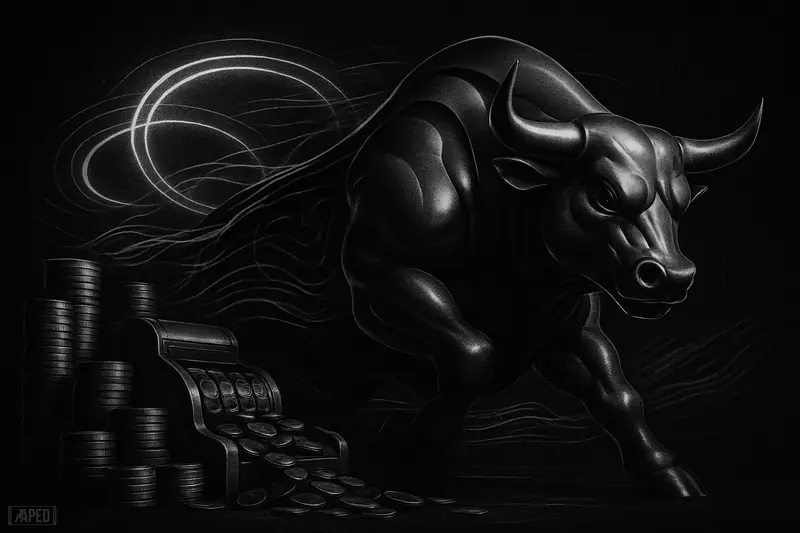 A metallic bull-like trading machine charges through coins and trading rings in a dark grayscale financial scene.