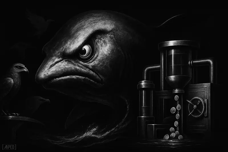 A giant whale churns through dark liquid as falcon-themed trading machinery and flowing token orbs suggest split crypto market sentiment.
