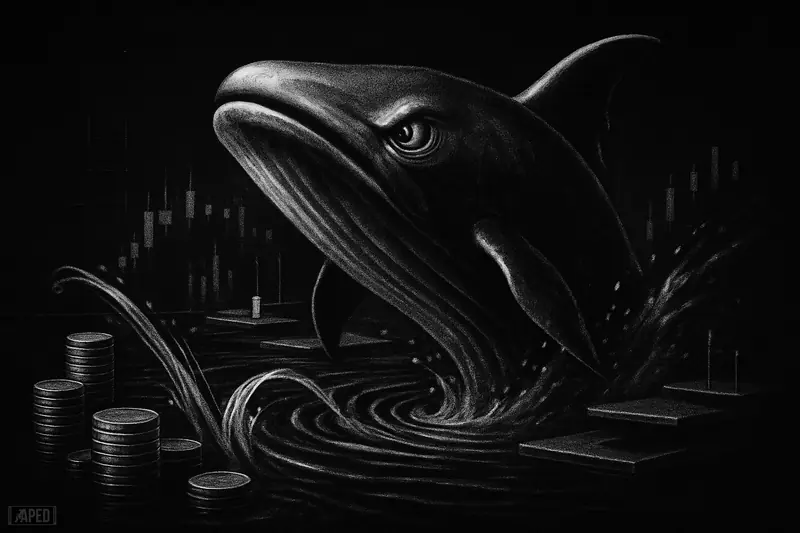 A giant grayscale whale rises from a dark trading surface as token streams and data patterns suggest heavy crypto accumulation.