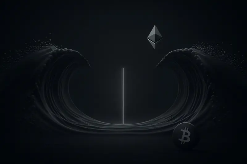 Two dark, glassy waves facing each other around a thin neon line, with scattered glowing particles on black.