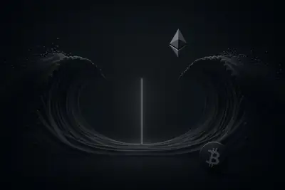 Two dark, glassy waves facing each other around a thin neon line, with scattered glowing particles on black.