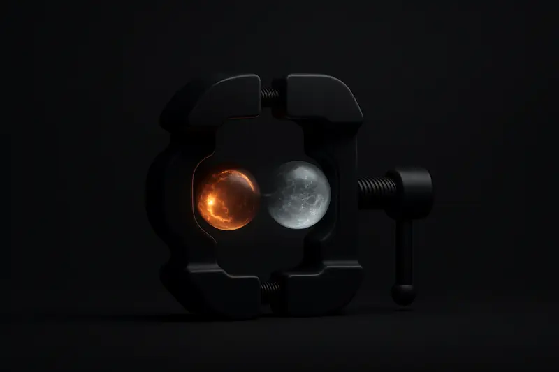 Two neon coin-like orbs on a dark background, one shedding sparks into ash, the other encased in crystalline ice.