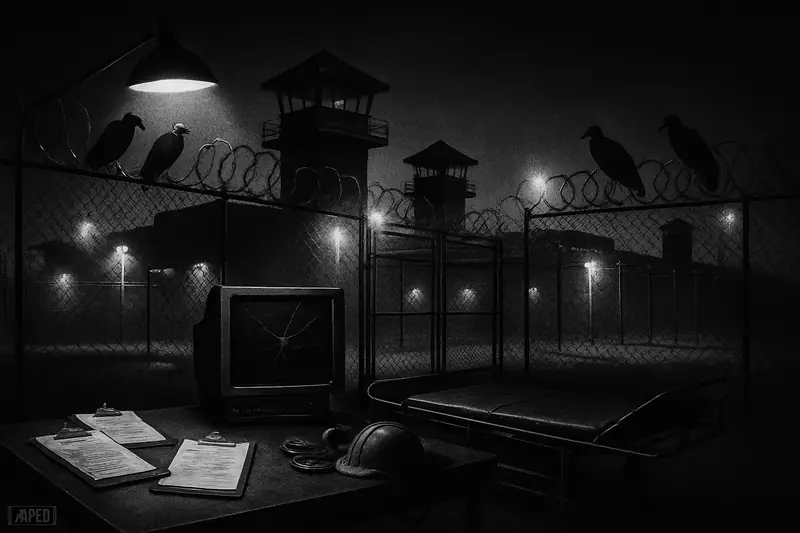 A bleak detention complex at night with barbed wire, watchtowers, inspection materials, and an empty gurney under stark monochrome lighting.