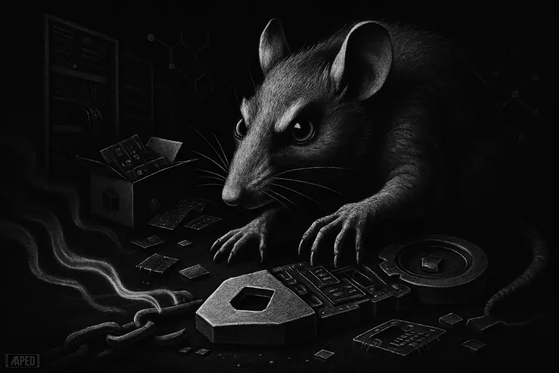 A sinister photorealistic rat looms over a broken security key and snapped supply chain links in a dark blockchain exploit scene.